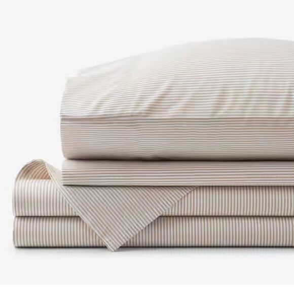 New The Company Store Sheet Set Stripe Yarn Dyed Percale Tan Stripe, Twin XL - Picture 1 of 10